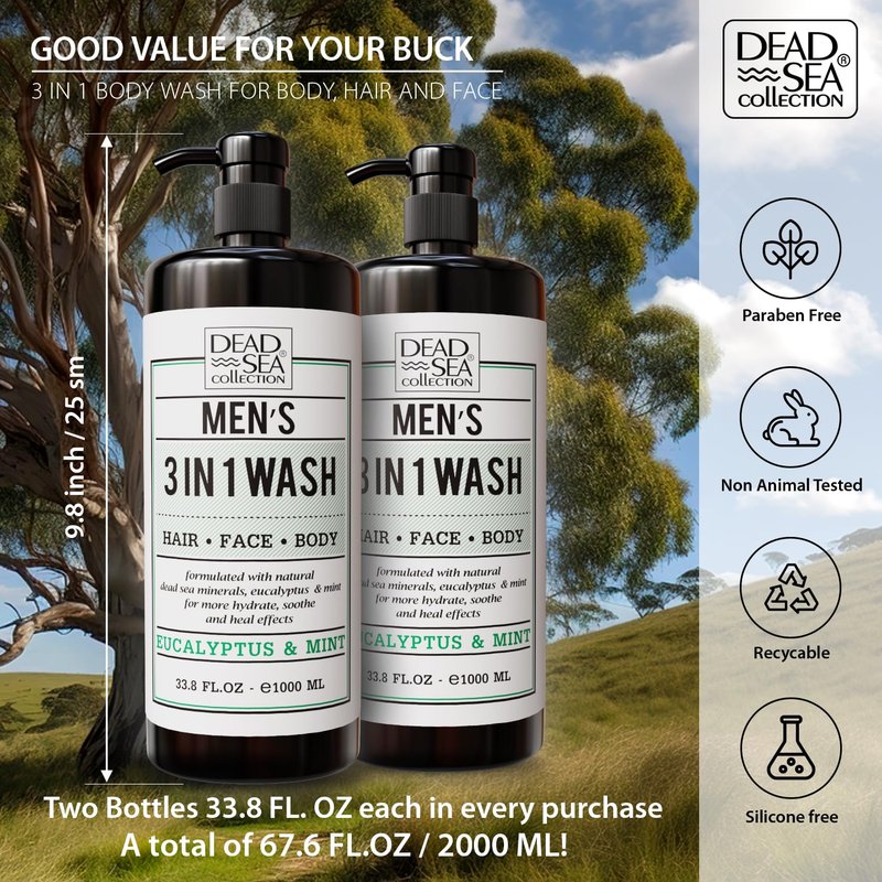 Dead Sea Collection Eucalyptus Mint Men’s Body Wash – 3 in 1 Body Wash for Men for Hair, Face & Body – Moisturizing Shower Gel with Dead Sea Minerals – Pack of 2 (33.8 fl oz each)