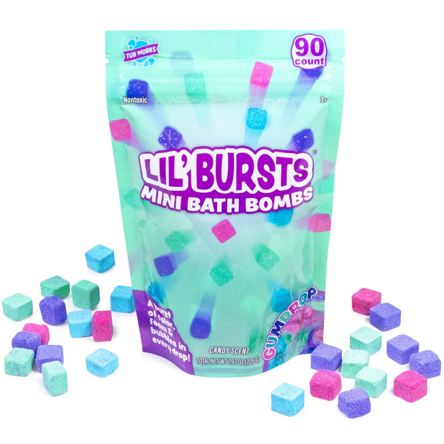 Tub Works® Lil' Bursts™ Mini Bath Bombs for Kids, 90 Count, Gumdrop | Nontoxic | Tiny Kids Bath Bombs with A Burst of Color, Foam & Bubbles | Customize Kids Bath with Fun Bath Colors | Create Tub Art