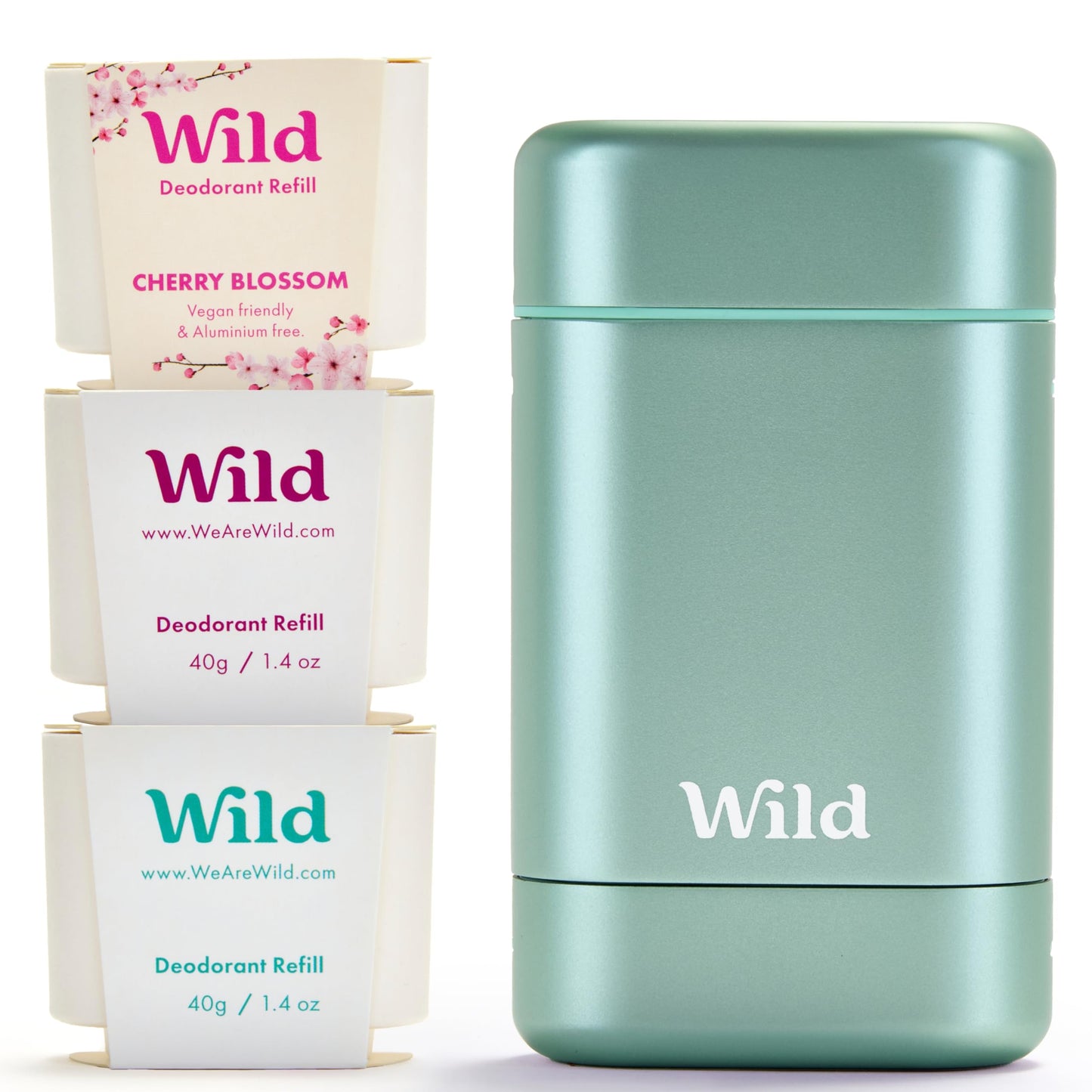 Wild Aluminum Free Deodorant Starter Kit - Refillable Stick Deodorant with Aqua Applicator Case & Vegan Refill Variety Pack - Fresh Cotton & Sea Salt, Cherry Blossom and Coconut & Vanilla Scents