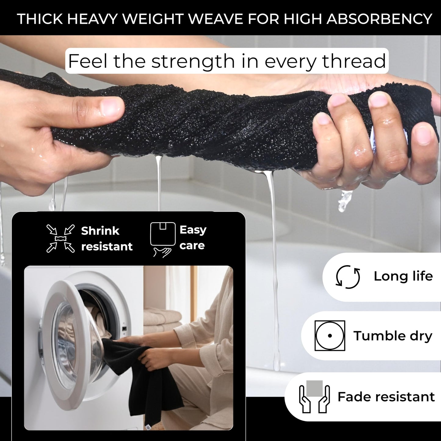 LIVINATI Thick Black 100% Cotton Wash Cloths for Showering Body and Face - 12"X12" 12 Pack Washcloths - Small Terry Towel Bath Rags for Adults and Kids Bathroom - Soft Absorbent