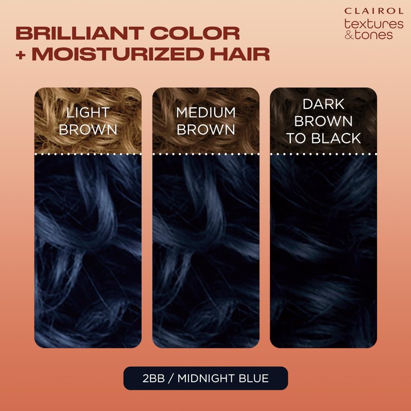 Clairol Textures & Tones Permanent Hair Dye, 2BB Midnight Blue Hair Color | Ammonia-Free | Moisture-Rich Formula with Argan, and Olive Oil for Brilliant Shine | Pack of 1