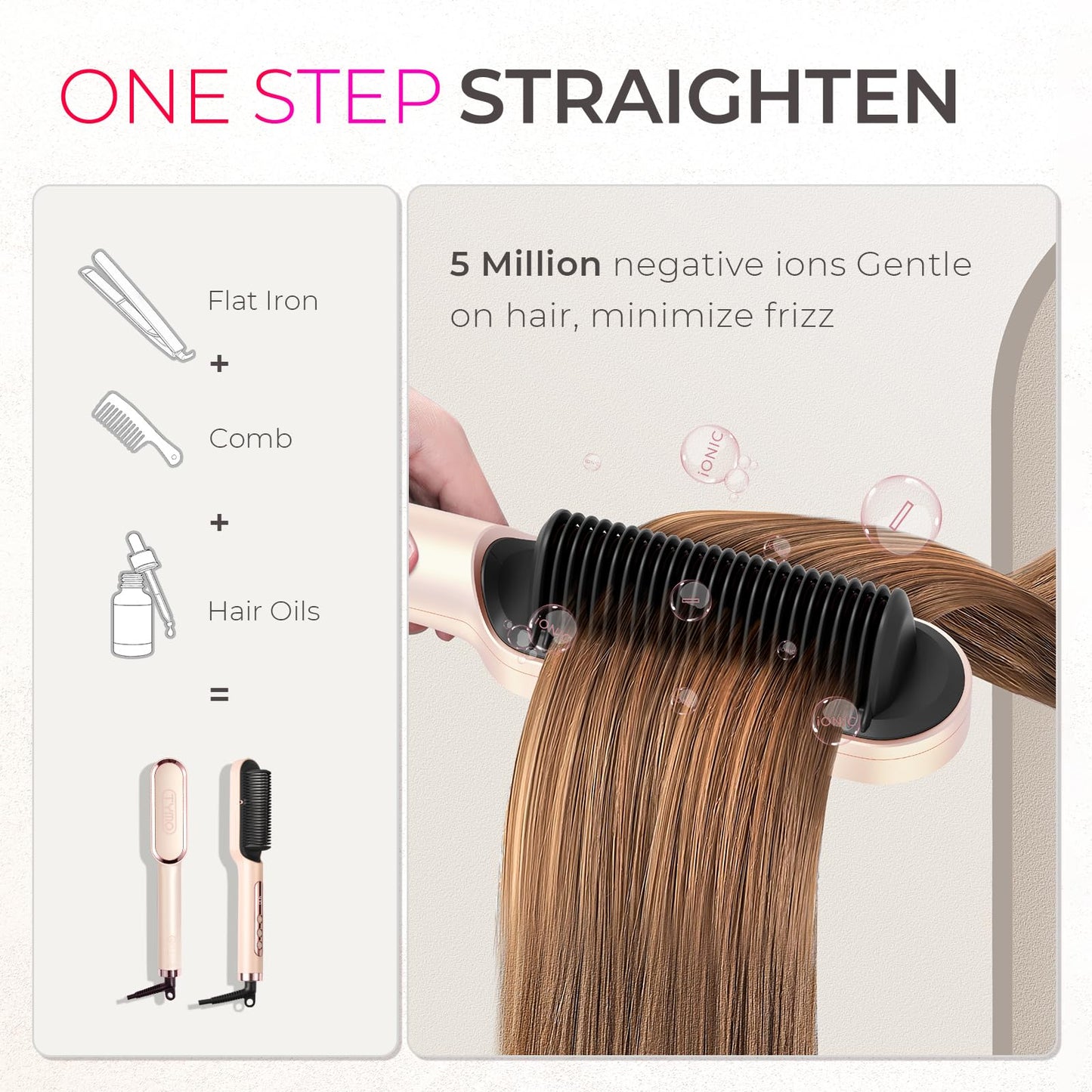 TYMO Ring Plus Ionic Hair Straightener Brush - Straightening Comb with Negative Ions for Women, Titanium Coating, 9 Temp Settings & LED Display, Dual Voltage, Professional Styling Tools, Gold Blush