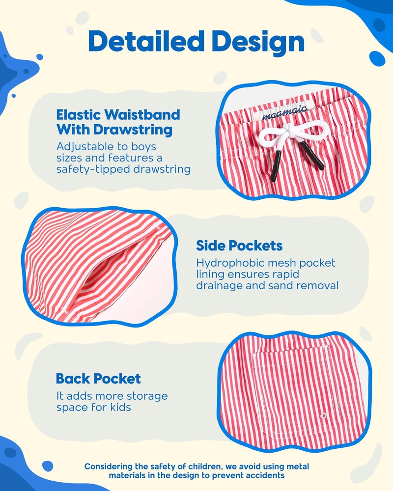 maamgic Boys Swim Trunks Toddler Swim Shorts Little Boys Bathing Suit Swimsuit Toddler Boy Swimwear,Stripe Redwhite,5 T
