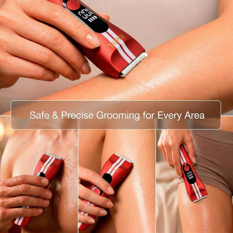 RAIZEL Electric Body Hair Trimmer - Waterproof Groin & Bikini Shaver | Cordless Wet/Dry with USB Dock (Red)