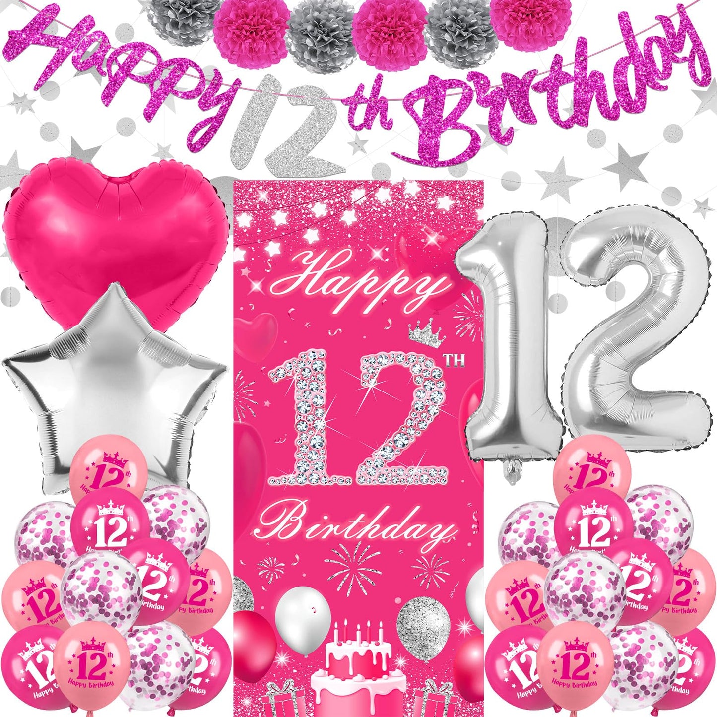 TSVATE 12th Birthday Decorations for Girls, Daughter, Pink 12 Year Old Girl Birthday Decorations, Happy 12th Birthday Banner, Backdrop, Yard, Door, Wall, Number 12 Balloon, Pompoms, Star Garland