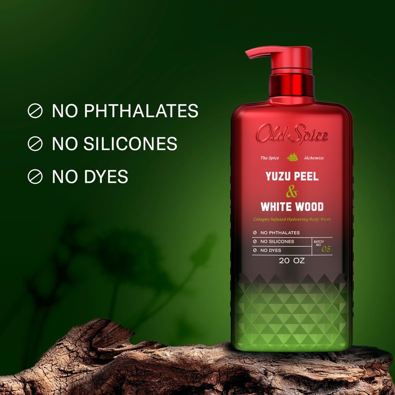 Old Spice Body Wash for Men, The Spice Alchemist Collection, 24/7 Cologne Infused Hydration, No Trade Off Formula, Free of Phthalates Silicones & Dyes, Yuzu Peel + White Wood Scent, 20 oz