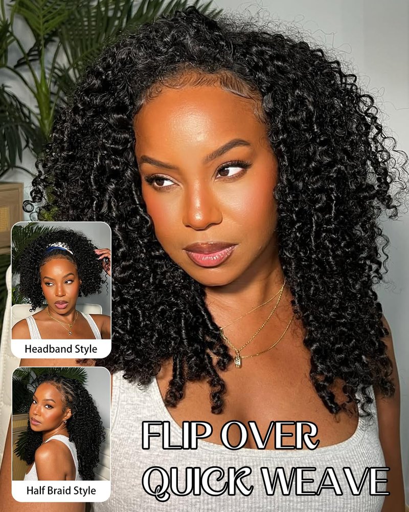 Pobokix Burmese Curly Half Wigs Human Hair Glueless Flip Over Half Wigs Wear Go Drawstring Wigs For Black Women Beginner Friendly No Glue No Sew 180% Density 26inch Natural Black
