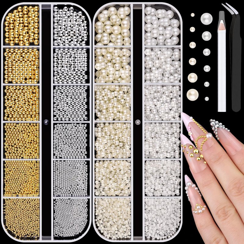 Flatback Pearls (White+Beige) and Metal Nail Beads (Silver+Gold) for Nail Art, Luxurious Pearl Nail Charms and Small Round Caviar Beads Nail Accessories for Acrylic Nail Tips Manicure Decor