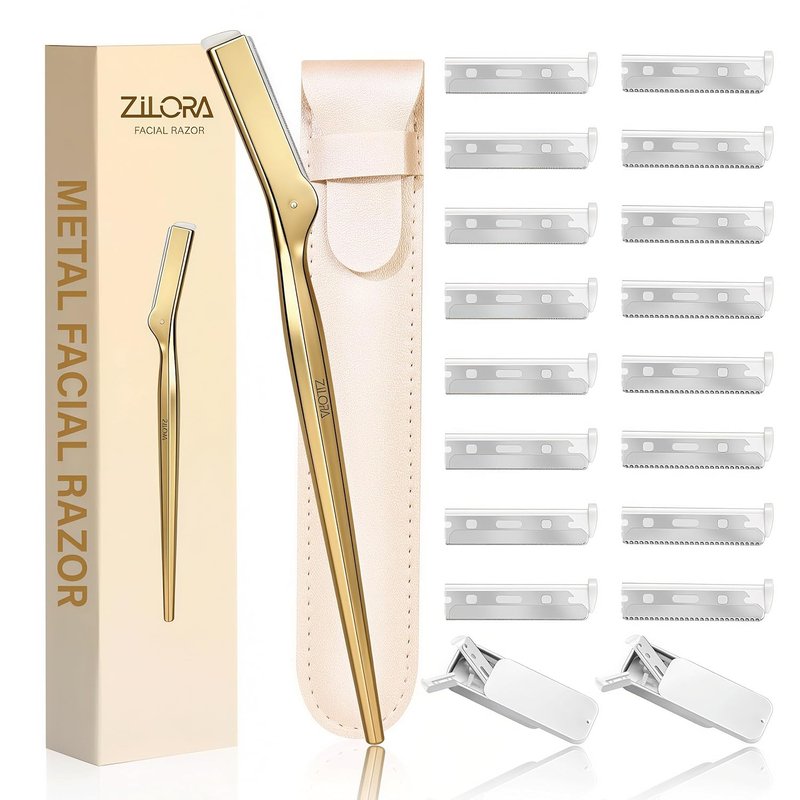 Metal Face Razor for Women - Dermaplaning Tool with 16 Replacement Blades | Gold Eyebrow Trimmer & Facial Hair Remover