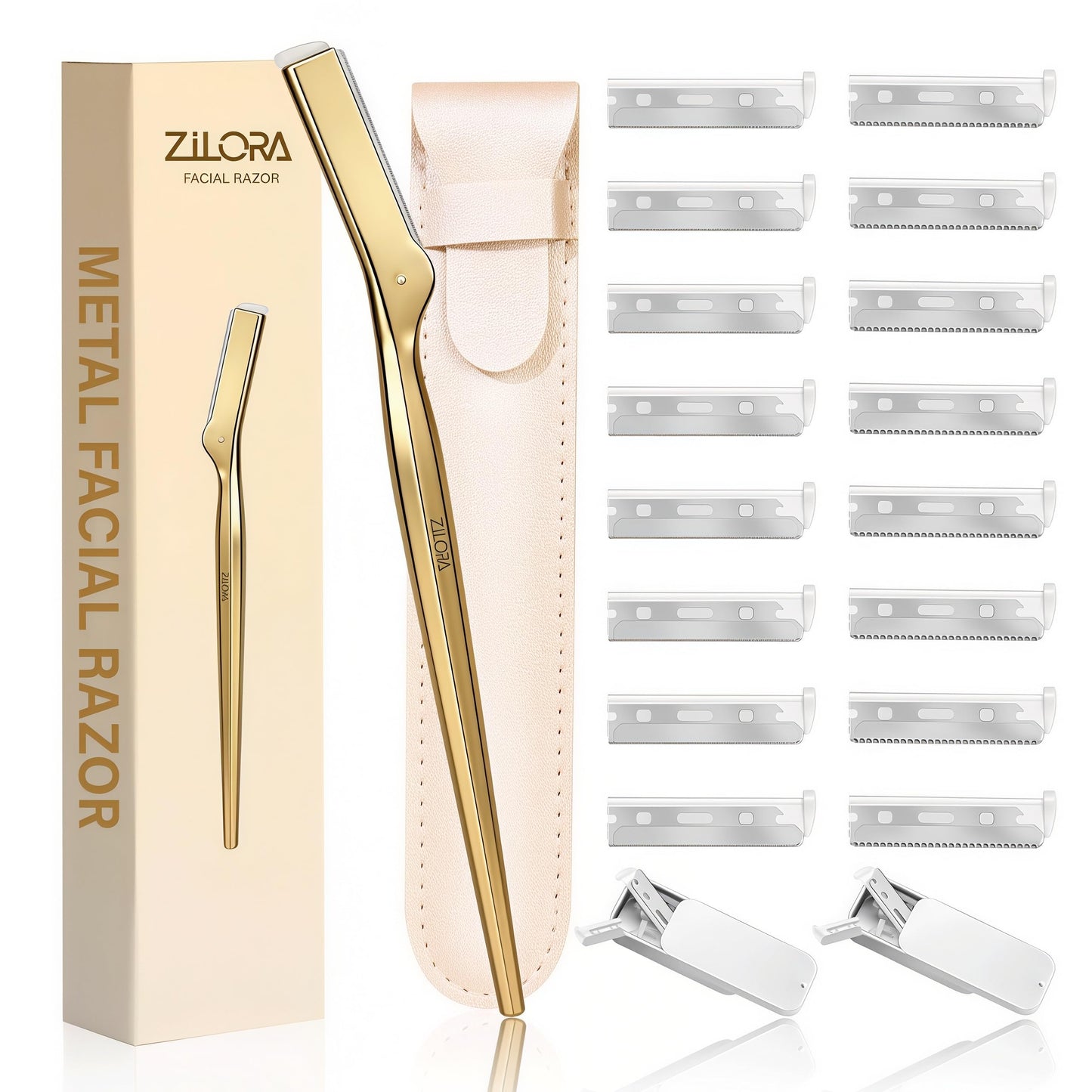 ZiLORA Metal Face Razor for Women, Dermaplaning Tool with 16 Replacement Blades (Wide & Micro), Facial Hair Remover & Eyebrow Trimmer, Gold