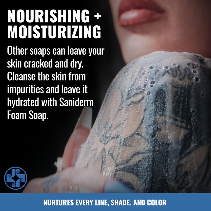 Saniderm Foaming Tattoo Soap (32oz Shop Size) – Gentle Soap for Tattooed Skin, Infused with Antimicrobial Colloidal Silver, Aloe Vera, and Nourishing Sea Buckthorn Oil