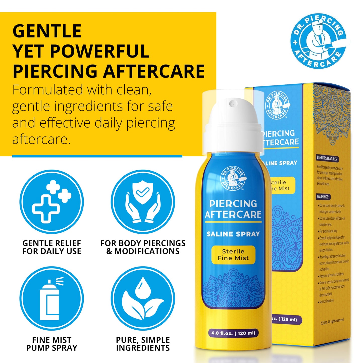 Dr. Piercing Aftercare Spray 4.0 oz Sterile Saline Solution - Gentle Mist Cleaner for Ear Nose and Body Piercings - Simple Two Ingredient Formula