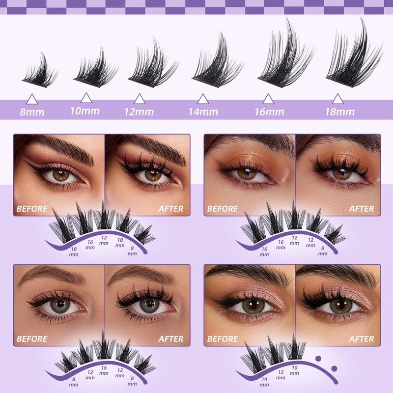 B&Q Manga Lash Clusters Kit DIY Eyelash Clusters at Home with 72H Waterproof Bond and Seal 0.05mm Ultra-Thin Band Wispy Spiky Anime Lashes for Daily & Party, 8-18mm Lash Extensions(KIT-Anime 01)