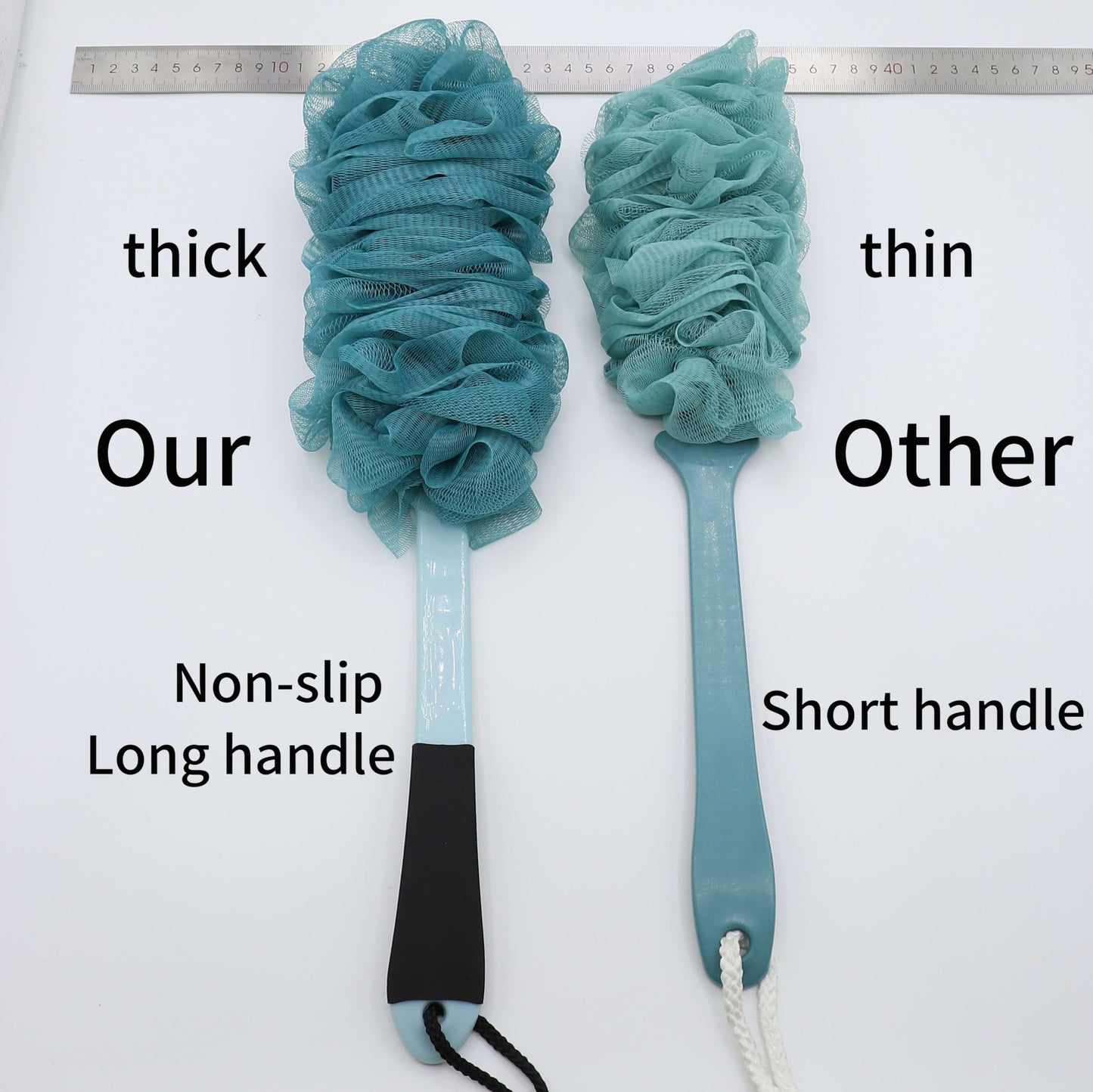 2Pack Back Scrubber for Shower, Loofah with Handle, Back Loofah Non-Slip Handle, Bath Body Brush, Scrub Cleaning Brush for Shower, Soft Mesh Sponge On a Stick for Men Women Elderly (Blue and White)