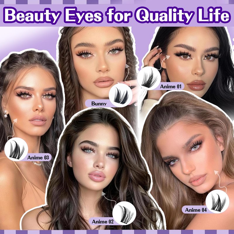 B&Q Manga Lash Clusters Kit DIY Eyelash Clusters at Home with 72H Waterproof Bond and Seal 0.05mm Ultra-Thin Band Wispy Spiky Anime Lashes for Daily & Party, 8-18mm Lash Extensions(KIT-Anime 01)
