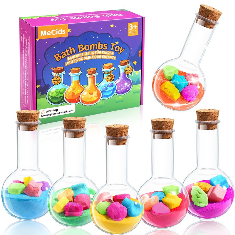 MeCids Magic Potion Bubble Bath Bombs for Kids -Bath Color Tablets Bath Potions for Toddlers Ages 4-12 Fun Science Kit Gift for Birthday, Halloween，Christmas- 6 Pack (Shaped Gems & Stars)