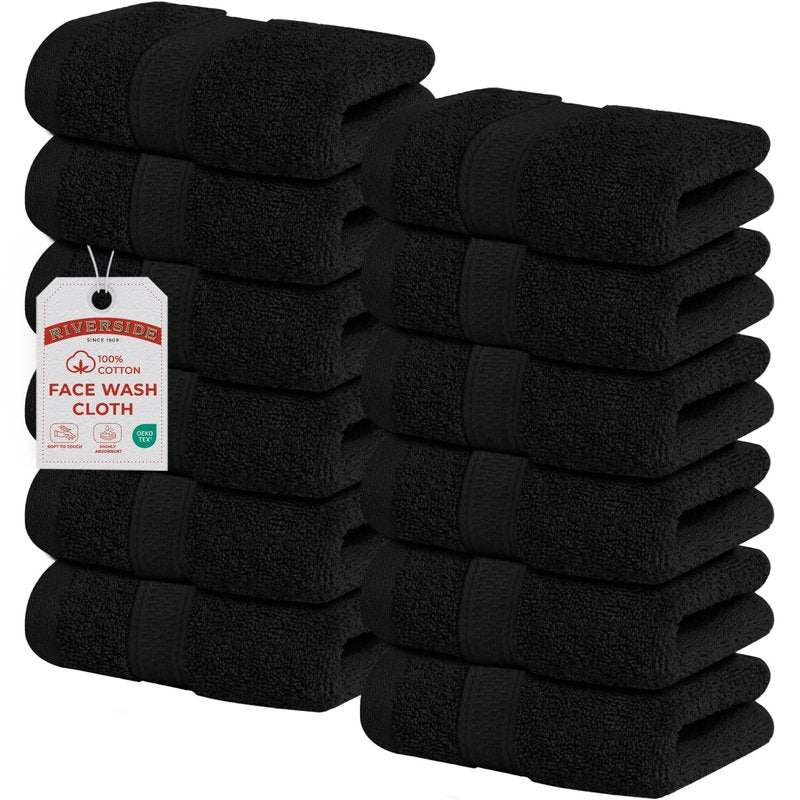 RIVERSIDE 12-Pack Premium 100% Cotton Black Face Towels for Bathroom [12x12] – Reusable Luxury Face Wash Cloths for Showering – 550 GSM Super Soft & Absorbent Washcloths for Body, Spa & Gym