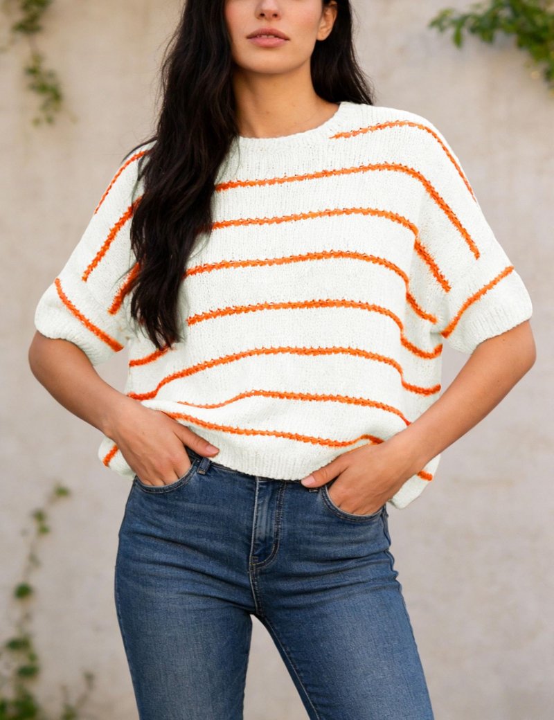 QIBABU Womens Short Sleeve Striped Sweater Top Casual Crewneck Lightweight Shirt Spring Summer Cropped Knit Tops(2242-White-XL-QB)