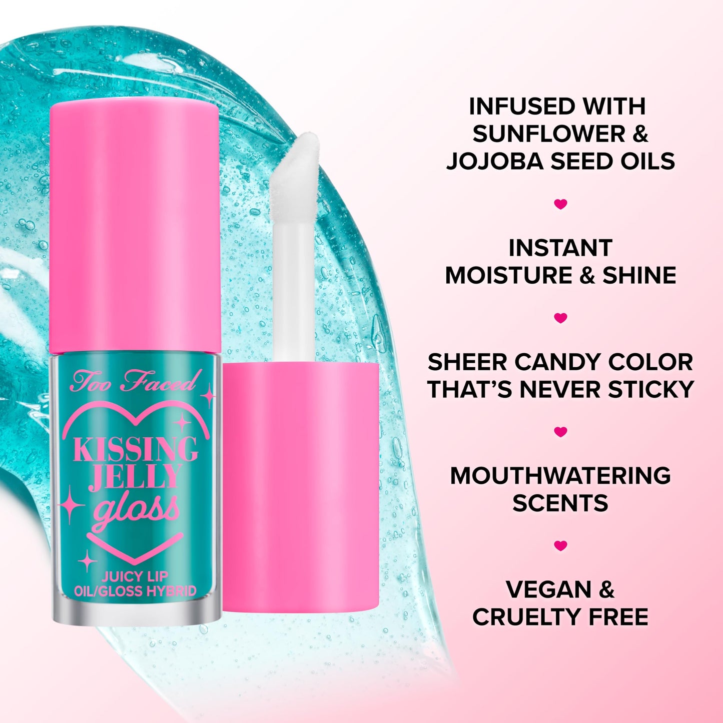 Too Faced Kissing Jelly Lip Oil + Gloss | Hydrating Lip Serum Treatment with Jojoba Oil for Instant Moisture and Glossy Shine, 0.15 Fl Oz, Birthday Kiss
