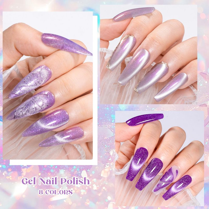 MTSSII Violet Cat Eye Gel Nail Polish Set 8Pcs Glitter Gel Nail Polish Kit with Magnet Shimmer Purple Nail Polish Set Salon Gel Manicure DIY Gift