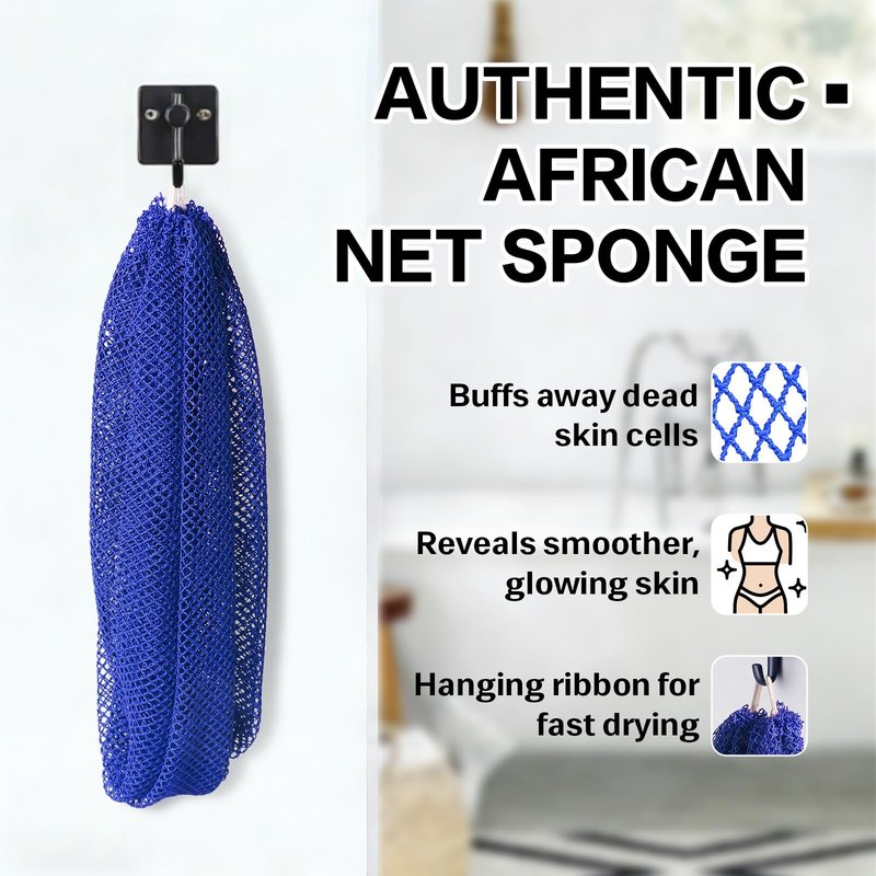 African Net Sponge 2 Pack - Deep Exfoliating Body Scrubber for Back & Full Body Care, Extra Long Loofah Alternative with Soap Bag, Double-Sided Exfoliation for Smooth Skin - Green, Blue & Purple