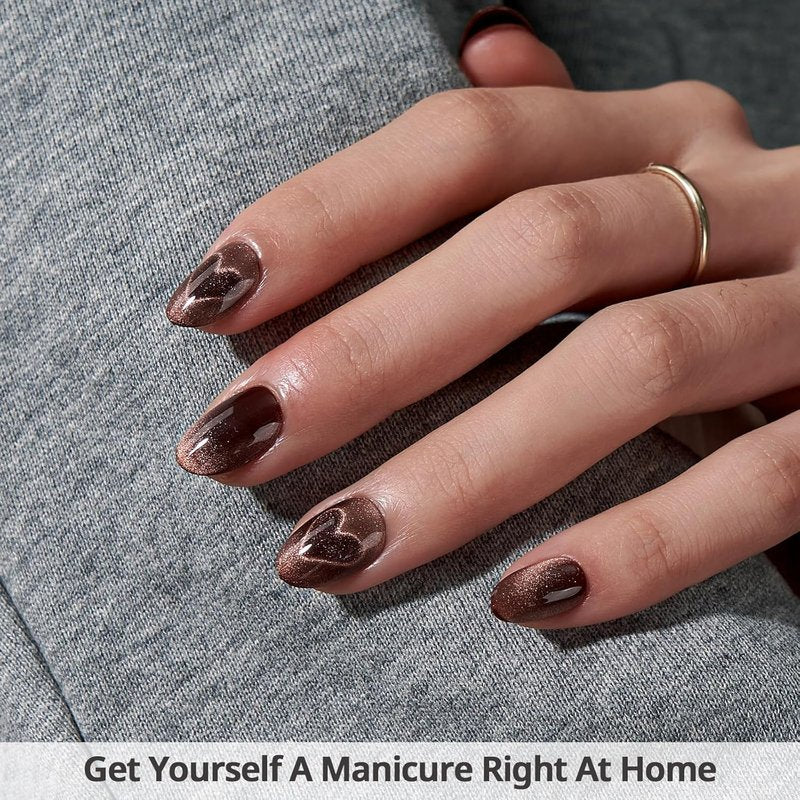 Press On Nails - Brown Cat Eye Almond Shape | Opaque Soft Gel, 32 Stick-On Nails in 16 Sizes