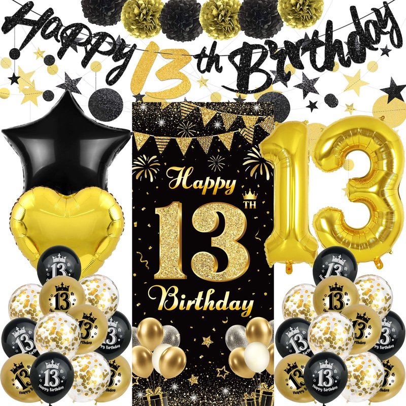 TSVATE 15th Birthday Decorations for Boys, Black Gold 15 Birthday Boy Decorations, Happy 15th Birthday Backdrop, Banner, Number 15 Balloons, Pompoms, Star Garland, 15 Year Old Boy Birthday Decorations