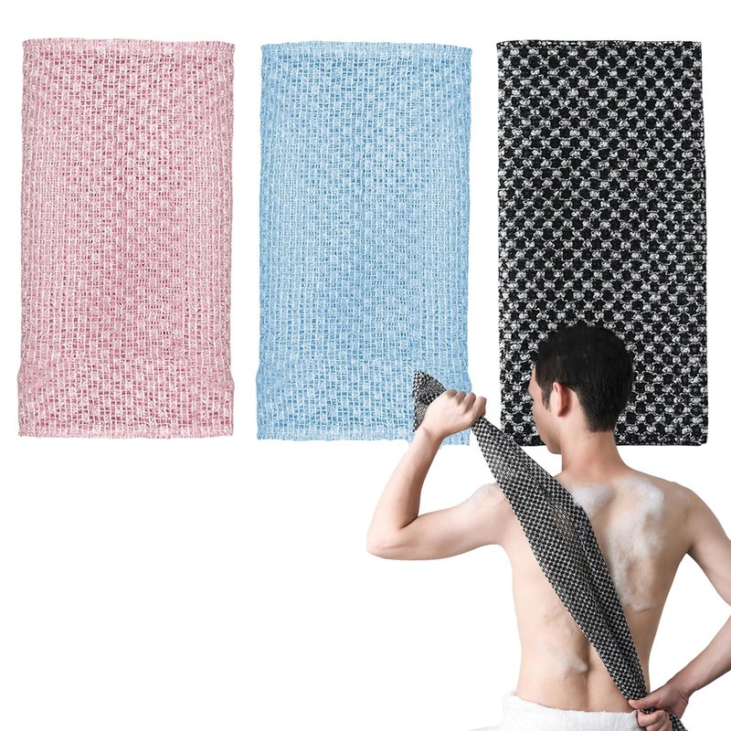 3 Pack Exfoliating Shower Towel, Long Exfoliating Washcloth Towels, Exfoliator Shower Towel Back Body Scrubber Scrub Cloth for Men & Women (Black,Pink,Blue)