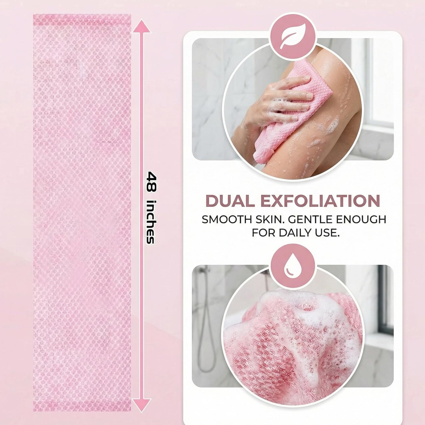 Thourevl Dual-Sided Exfoliating Shower Towel with Extra-Long Handle, Premium Body Scrubber for Back Exfoliation，Black and Pink (2-Pack)