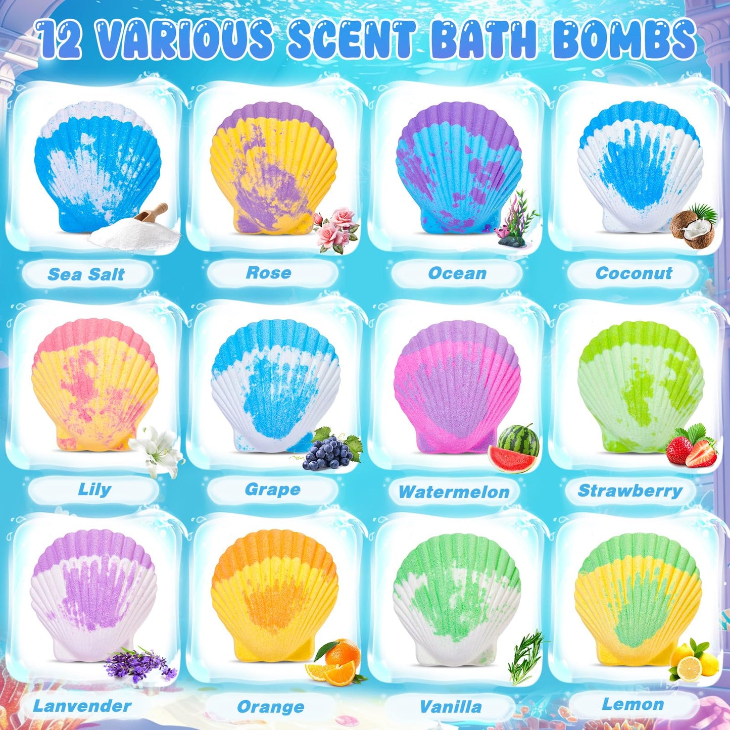 Toylink Ocean Bath Bombs for Kids with Toys Inside, 12 Pack Kids Shell Bath Bombs with Surprise Sea Animal Toys for Boys Girls Handmade Bubble Bath Fizzies Birthday Christmas Gift Set
