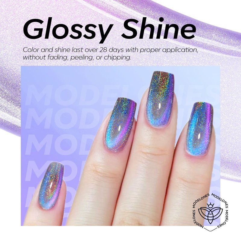 modelones 9D Magnetic Cat Eye Gel Nail Polish, Holographic Blue Purple Rainbow Shimmer, 15ML UV LED Soak Off Gel Manicure Design - Reflective Top Coat for Women & Girls