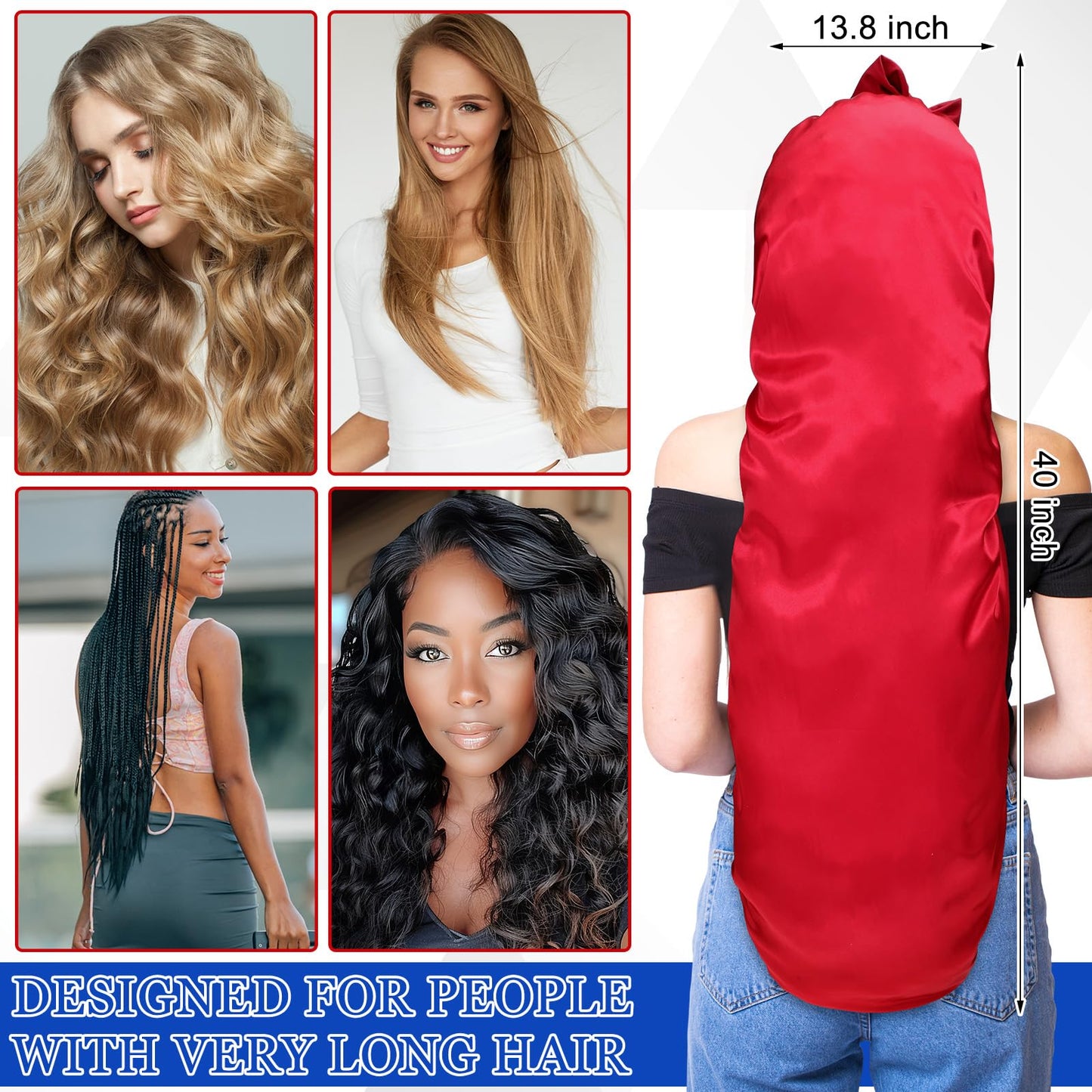 Geyoga 3 Pcs 40 Inches Extra Long Satin Braid Bonnet for Sleeping Silk Hair Bonnet for Women with Tie Band Foldable Braids Hair Sleep Tie, Black, Wine Red and Gold