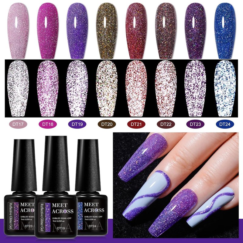 Reflective Glitter Gel Nail Polish Set - 8 Colors for DIY Manicure | UV/LED Soak Off, Pink, Purple, Blue