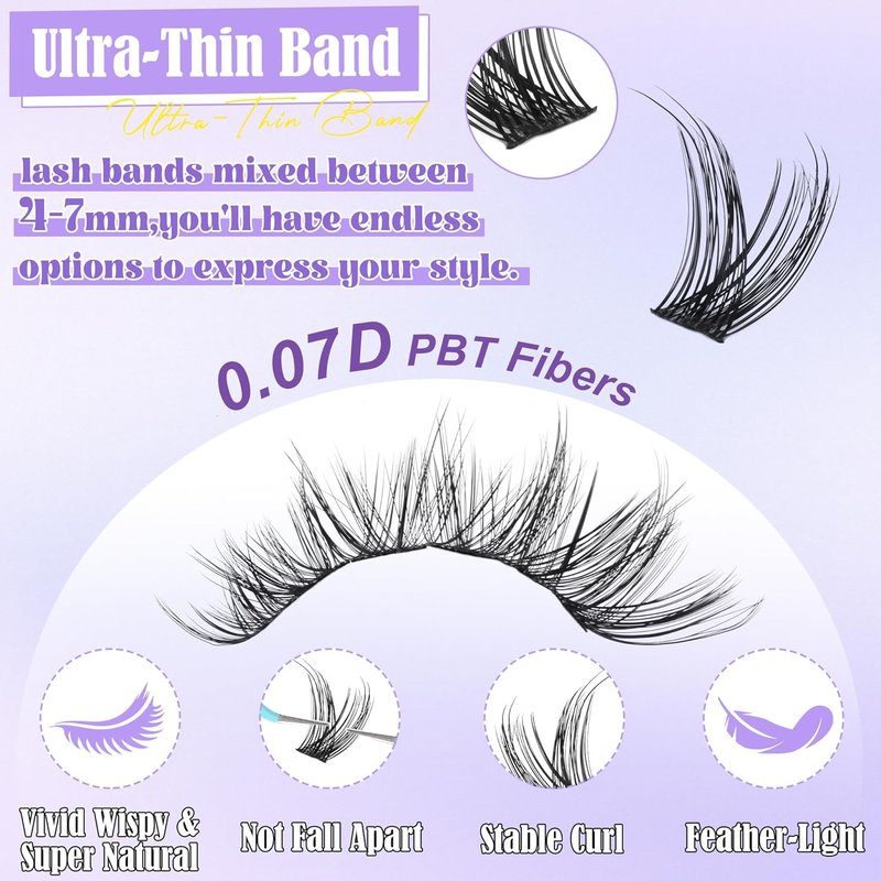 Cluster Eyelash Extension Kit - Natural Wispy 196pcs DIY Lashes | 10-18mm Individual Lashes with 4-7mm Bands, Glue & Tweezers