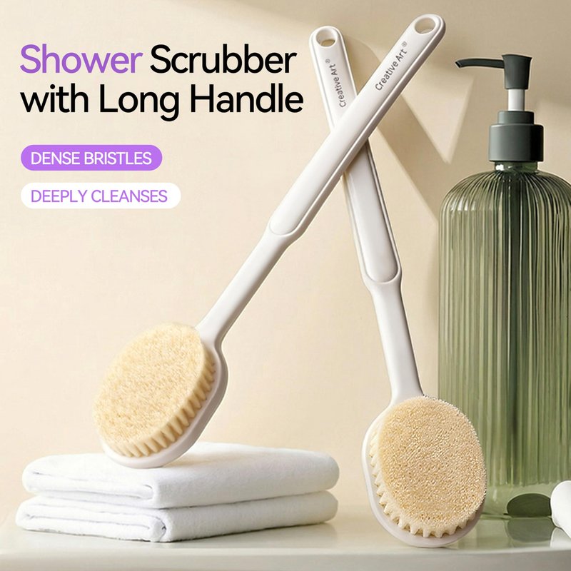 Back Scrubber for Shower for Women Men, Body Brush with Long Handle, Exfoliating Bath Washer with Soft Bristles, Body Exfoliator for Wet or Dry Brushing, Back Scrub Deep Cleaning, White