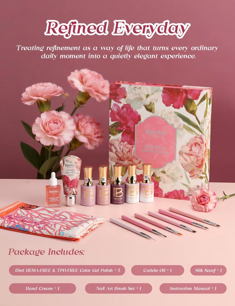 Beetles Gel Nail Polish Set - Refined Everyday 5 Colors Pink Purple Nude Cat Eye Gel Polish Kit, HEMA Free & TPO Free Soak Off UV LED Mother's Day Nail Gel Gifts Set for Women Mom