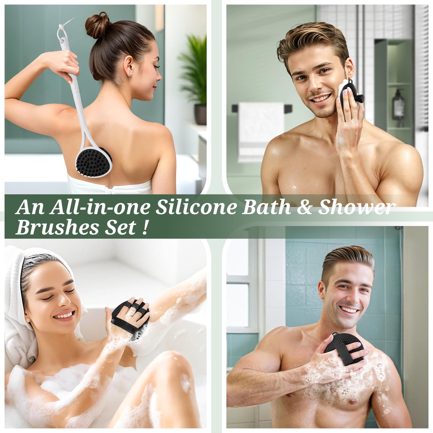 GEENOA Silicone Face/Body/Back Scrubber Set, 15.35’’ Soft Back Scrubber for Shower with Dual-Side Brush Head, Silicone Body Scrubber Facial Scrubber with Dense Bristles and Non-Slip Handle(Pink-3PCS)
