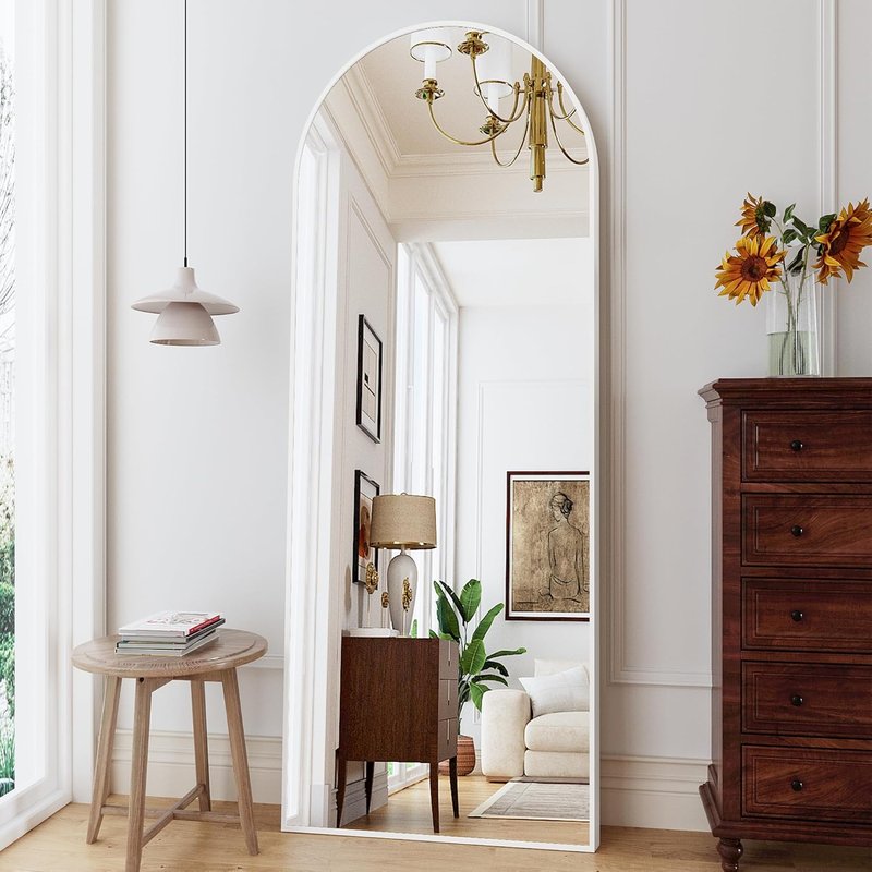 Arched Floor Mirror - 56"x20" Full-Length Standing Mirror | Aluminum Frame, Wall-Mounted or Leaning, White Finish