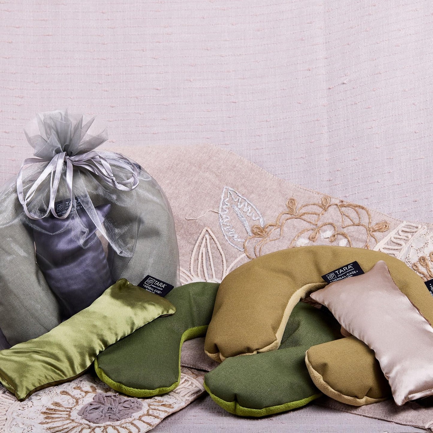 TARA Spa Therapy Herbal-Ease Aromatherapy Pillow Gift Bag Set, Neck + Silk Eye Pillow, Green Olive