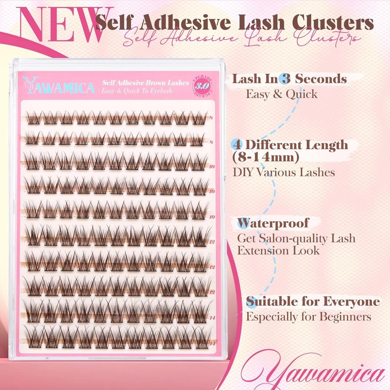 Self-Adhesive Eyelash Clusters - Brown Wispy Individual Lashes | Reusable 8-14mm C Curl Extensions