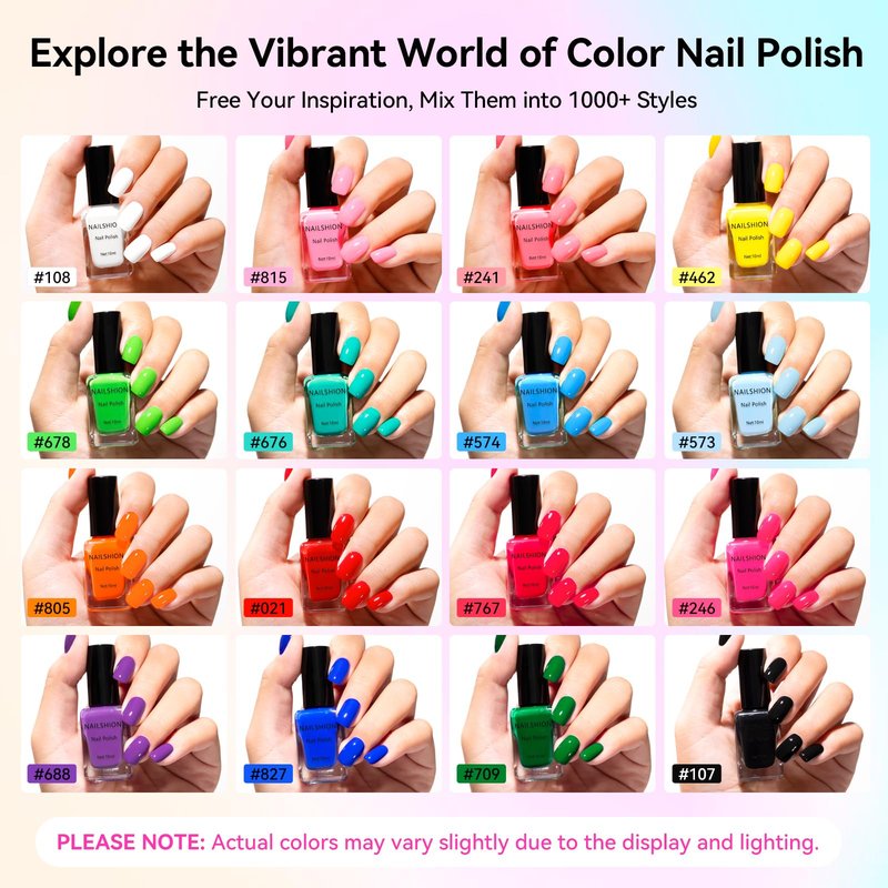 Nailshion Nail Polish 10ml 16 Colors Rainbow Air Dry Regular Nail Polish Set with Base Top Coat & Remover Pads| White Red Classic French Fingernail Polishes Non-gel Bulk Gift for Nail Art Lovers