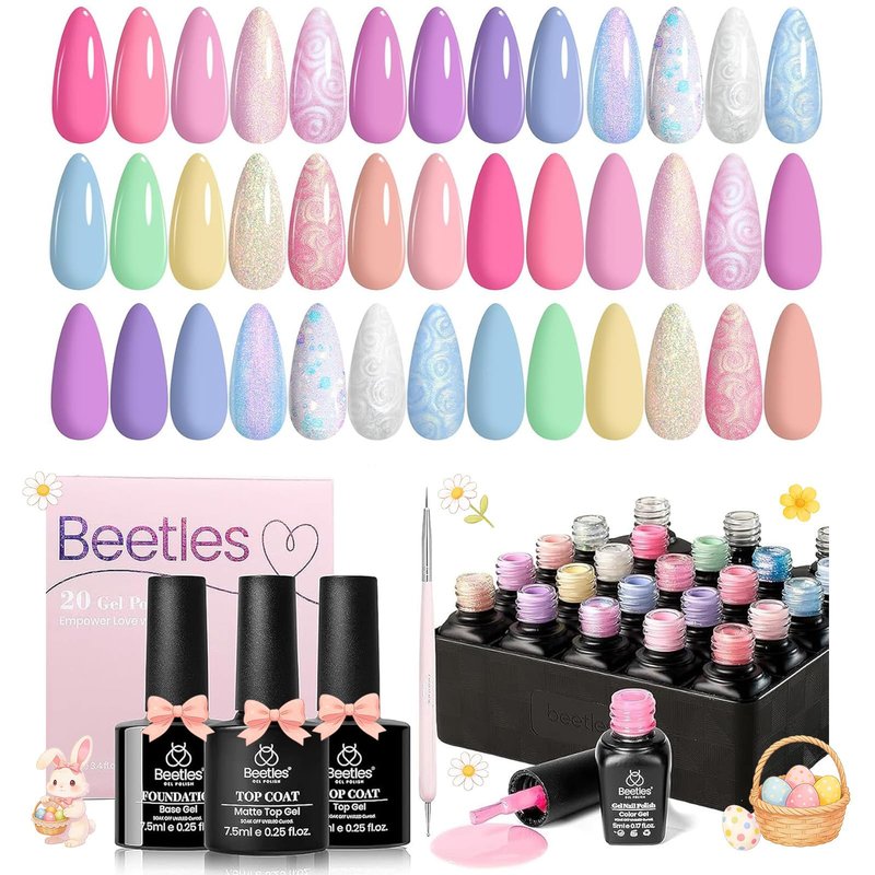 Beetles Pastel Gel Nail Polish Set - 24Pcs Macaron Spring Gel Polish with 3Pcs Base Top Coat, Pink Purple Blue Shimmer Green Colors Double-ended Brush Soak off UV Nail Gifts for Women