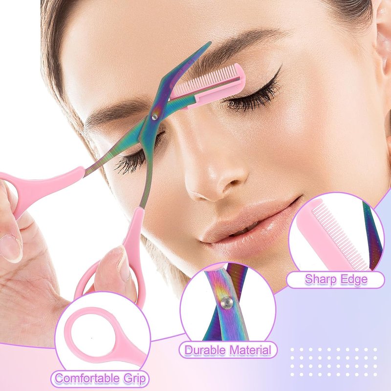 Skiennix Eyebrow Scissors - 2-in-1 Professional Trimmer with Comb & Brush for Women & Men | Pink