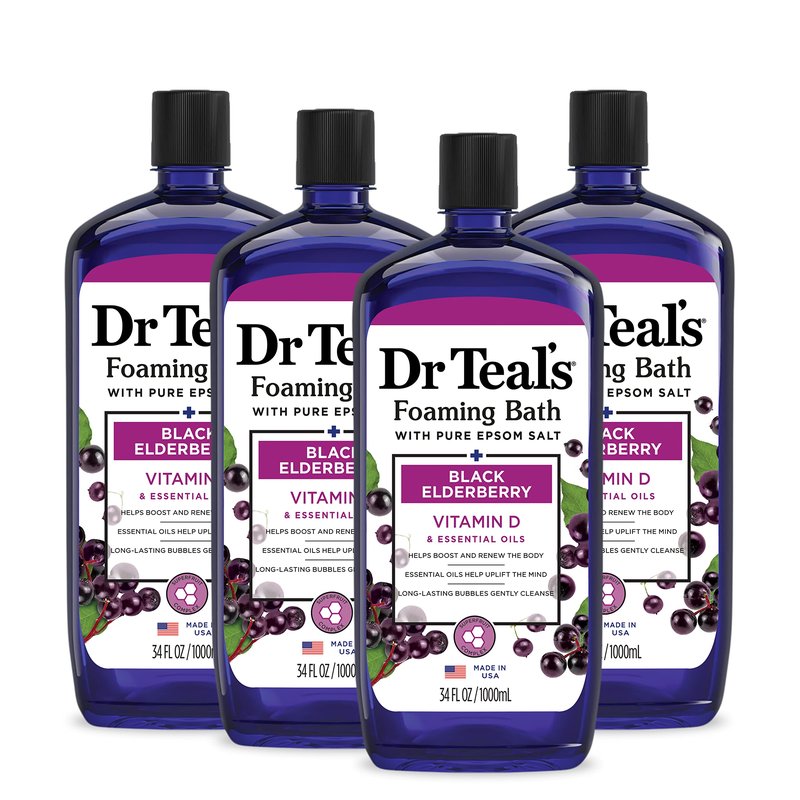 Dr Teal's Foaming Bath with Pure Epsom Salt, Black Elderberry with Vitamin D, 34 fl oz (Pack of 4)
