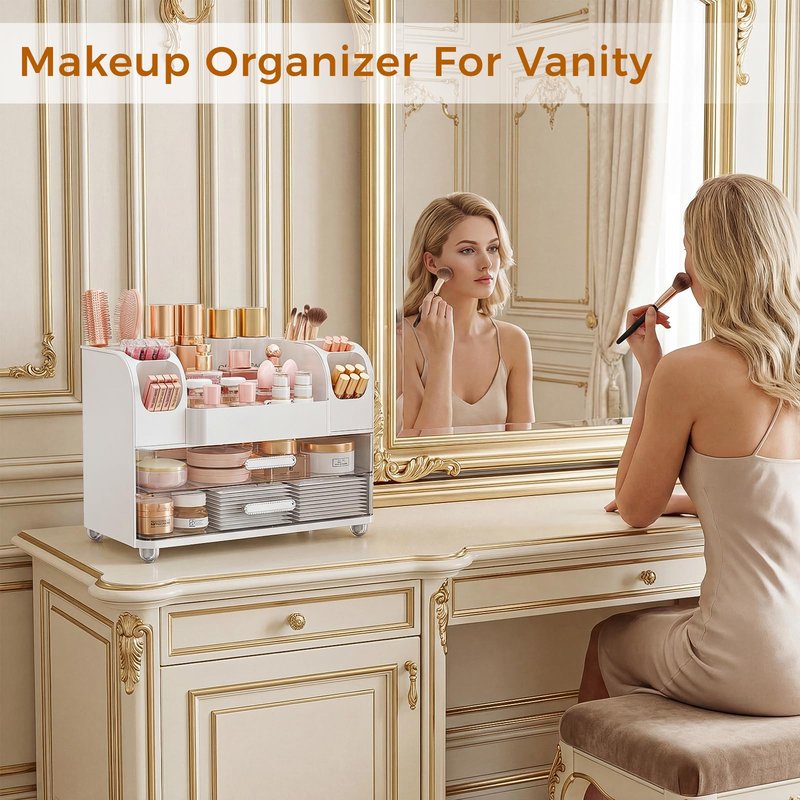 Makeup Organizer for Vanity with Drawers, Large Countertop Makeup Organizer - Skincare Storage, Brush Holder, Perfume & Cosmetics Display Case (White)
