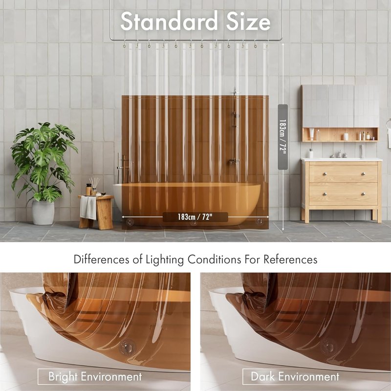 AmazerBath 100% EVA Shower Curtain Liner - Heavy Duty, 72x72 Inches, Color Block Clear & Amber with Brass Grommets