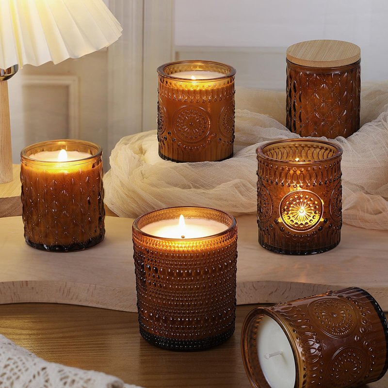 DARJEN 12 Pack Amber Candle Jars for Making Candles- 3 Styles Glass Candle Making Jars Bulk with Bamboo Lids and Labels, Candle Making Supplies Candle Vessels for Home Decor