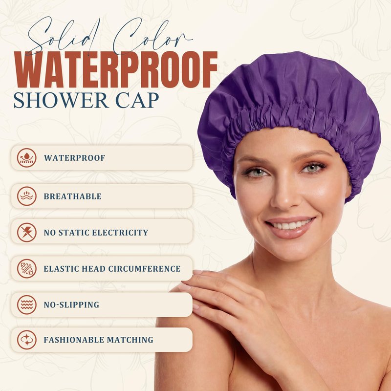 Reusable Shower Cap for Women, Large Waterproof Shower Bonnet with Elastic Band, Washable Bath Hair Cap for Long, Curly Hair, Braids, Daily Shower, Home Spa, Travel(Dark Purple)