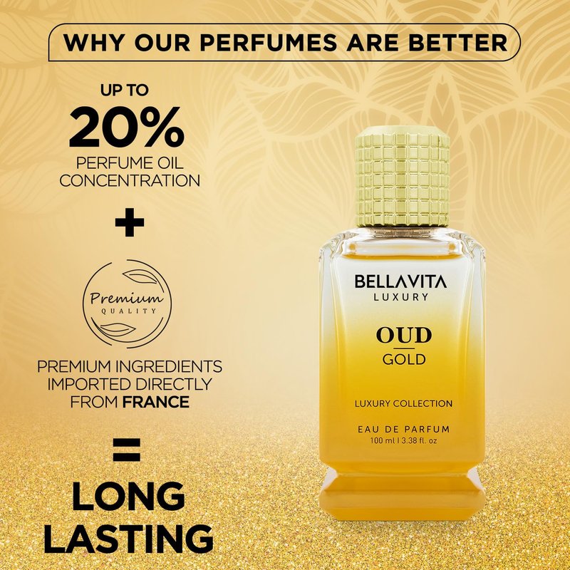 Bellavita Luxury Oud Gold Eau de Parfum | 100 ml (3.4 fl.oz.) | Perfume for Men and Women | Fruity, Caramel, Rose, and Ambery Oud Notes | Long Lasting Unisex Fragrance