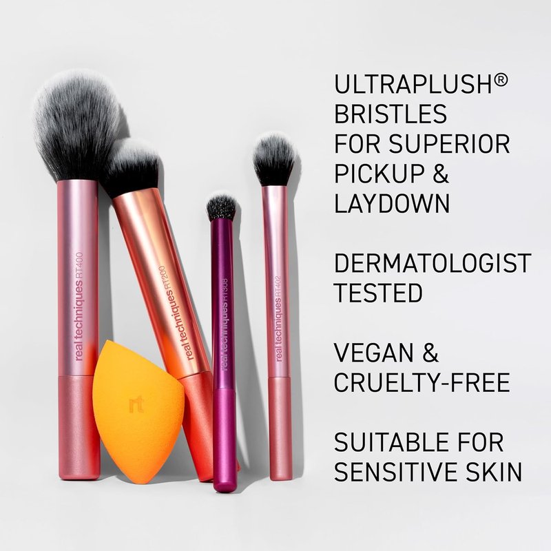 Real Techniques Makeup Brush Set - 6 Essential Brushes & Sponges for Foundation, Blush, Contour | Travel-Friendly, Vegan